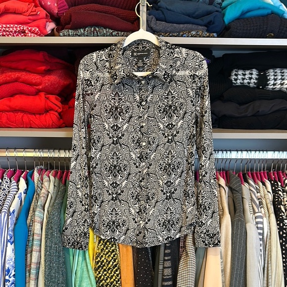 INC black/white print long sleeve jewel button down semi sheer top size MP - Picture 1 of 3